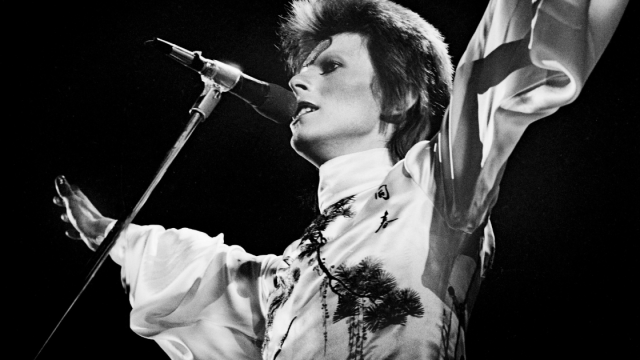 David Bowie performs live on stage at Earls Court Arena on May 12 1973 during the Ziggy Stardust tour (Photo by Gijsbert Hanekroot)